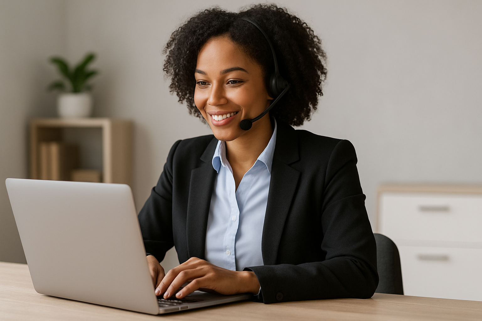 Professional virtual assistant working on a laptop
